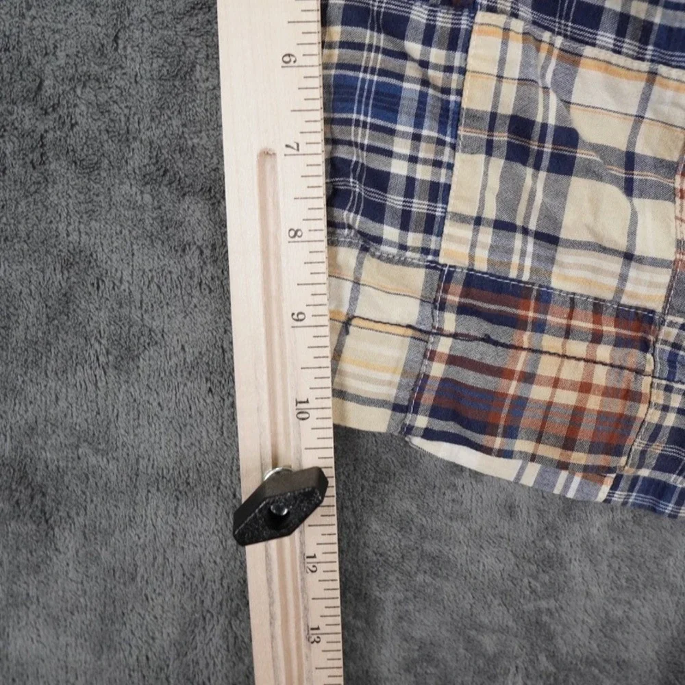 J Crew Patchwork Madras Shorts Mens 32 Blue Tan Plaid Cotton Summer Preppy